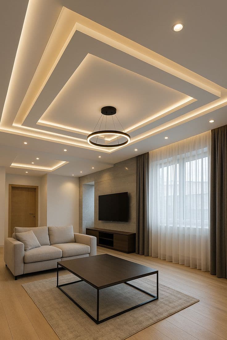 Kademeli gizli ışıklı asma tavan ve halka avizeli salon