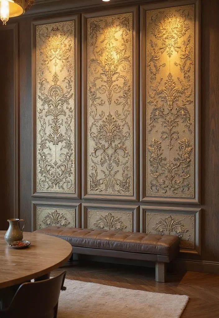 Desenli dekoratif paneller ve ahşap detaylı duvar
