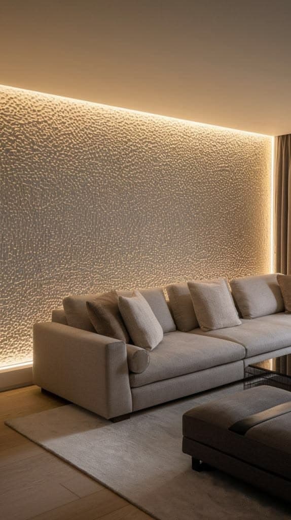 Gizli ışıkla aydınlatılmış dokulu salon duvarı