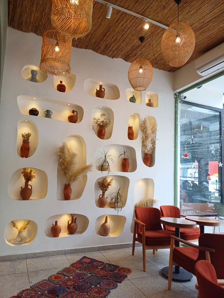 Kafe duvarında ışıklı alçı nişler