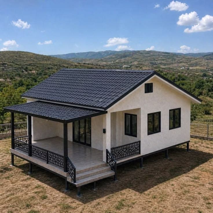 Verandalı, beyaz cepheli tek katlı prefabrik ev